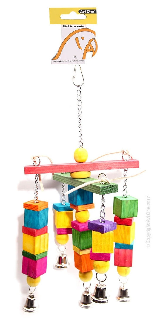 Bird Toy Leather Rope Coloured Wood Cube W.bell 40x18cm