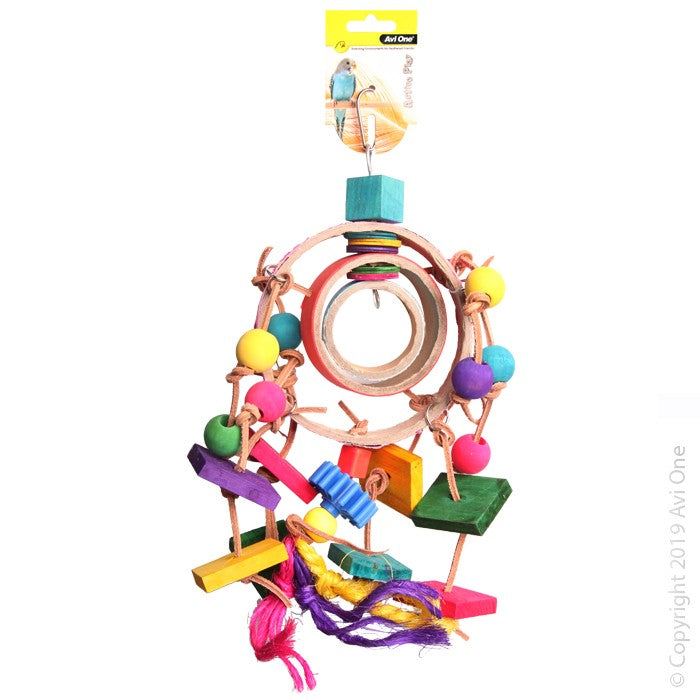 Bird Toy Dream Catcher With Wooden And Plastic Beads And Disc 34cm