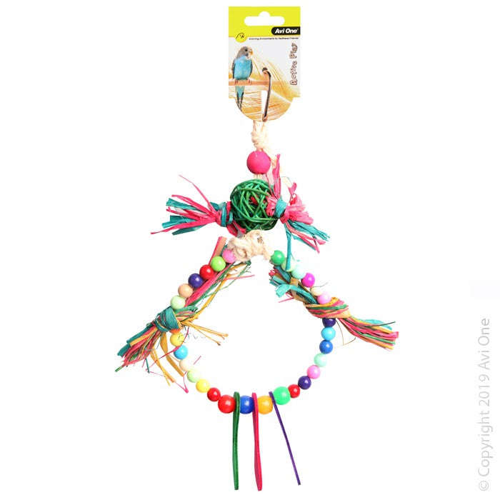 Bird Toy Rattan Ball With Raffia Wooden And Plastic Beads 37cm