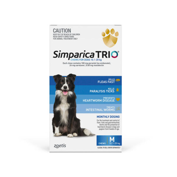 Simparica Trio For Medium Dogs 10.1-20kg (Blue) 6 Chews + 1  Free